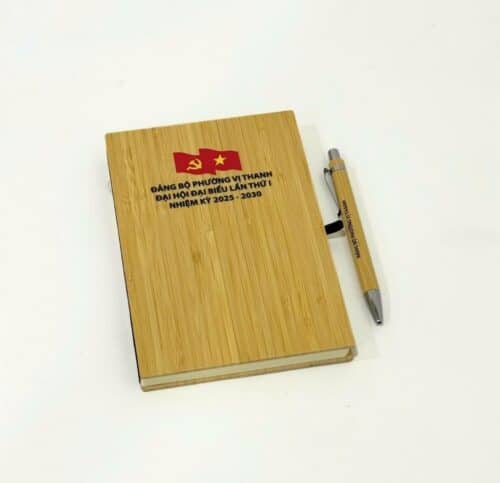 Bộ Quà Tặng Đại Hội In Logo - Sổ Tre + Bút Tre + Hộp Giấy - xuongsanxuatsoda.com