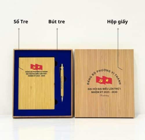 Bộ Quà Tặng Đại Hội In Logo - Sổ Tre + Bút Tre + Hộp Giấy - xuongsanxuatsoda.com